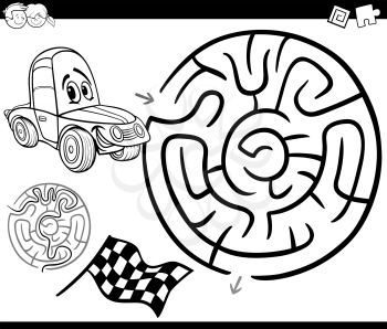 Black and White Cartoon Illustration of Education Maze or Labyrinth Game for Children with Racing Car Coloring Page