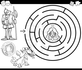 Black and White Cartoon Illustration of Education Maze or Labyrinth Game for Children with Knight and Princess Coloring Page