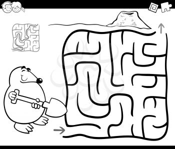 Black and White Cartoon Illustration of Education Maze or Labyrinth Game for Children with Mole Coloring Page