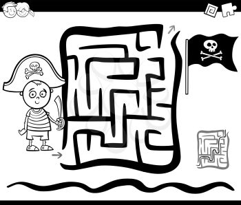 Black and White Cartoon Illustration of Education Maze or Labyrinth Game for Children with Pirate Boy Coloring Page