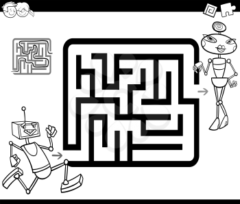 Black and White Cartoon Illustration of Education Maze or Labyrinth Game for Children with Robots Coloring Page