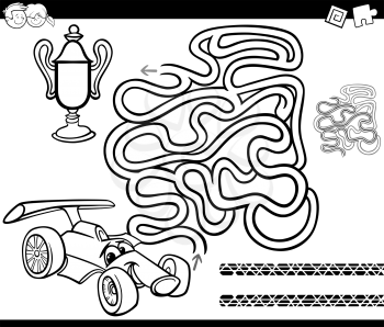 Black and White Cartoon Illustration of Education Maze or Labyrinth Game for Children with Racing Car and Cup Coloring Page