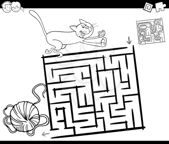 Black and White Cartoon Illustration of Education Maze or Labyrinth Game for Children with Cat and Ball of Wool Coloring Page