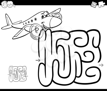 Black and White Cartoon Illustration of Education Maze or Labyrinth Game for Children with Plane Coloring Page