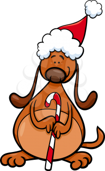Cartoon Illustration of Dog Animal Character with Christmas Cane