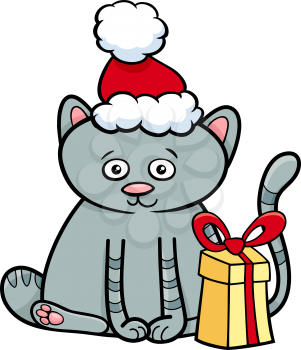 Cartoon Illustration of Cat or Kitten Animal Character with Present on Christmas Time