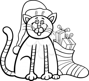 Black and White Cartoon Illustration of Cat or Kitten Animal Character and Christmas Sock with Presents Coloring Book