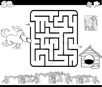 Black and White Cartoon Illustration of Education Maze or Labyrinth Game for Children with Dog and Doghouse Coloring Page