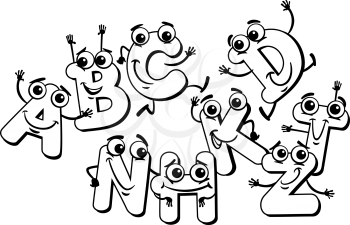 Black and White Cartoon Illustration of Funny Capital Letter Characters Alphabet Group for Children Education Coloring Book