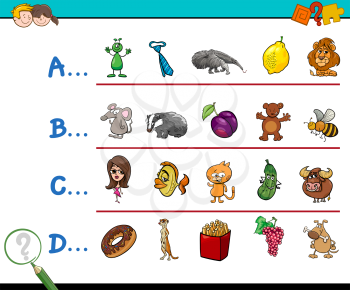 Cartoon Illustration of Finding Picture Starting with Referred Letter Educational Game Worksheet for Children