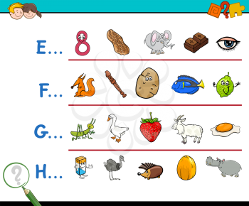 Cartoon Illustration of Finding Pictures Starting with Referred Letter Educational Game Worksheet for Children