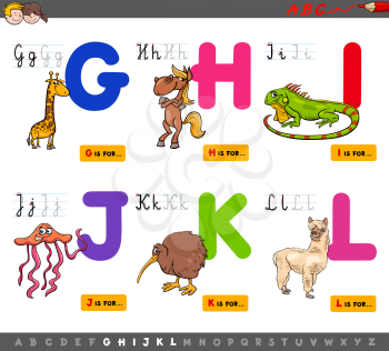 Cartoon Illustration of Capital Letters Alphabet Set with Animal Characters for Reading and Writing Education for Children from G to L