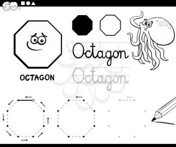 Black and White Educational Cartoon Illustration of Octagon Basic Geometric Shape for Children Coloring Page