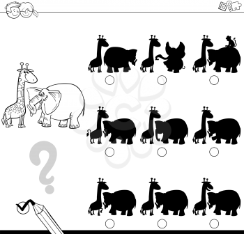 Black and White Cartoon Illustration of Finding the Shadow without Differences Educational Activity for Children with Elephant and Giraffe Safari Animal Characters Coloring Page