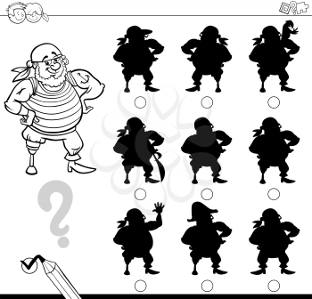Black and White Cartoon Illustration of Finding the Shadow without Differences Educational Activity for Children with Pirate Fantasy Character Coloring Page