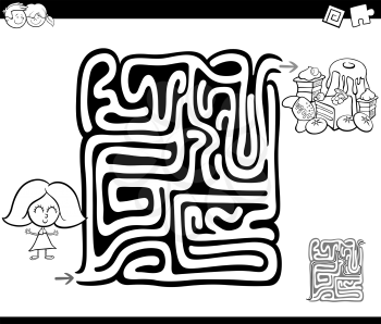Black and White Cartoon Illustration of Education Maze or Labyrinth Game for Children with Little Girl and Sweet Food Coloring Page
