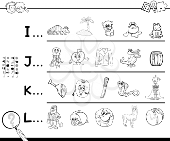 Black and White Cartoon Illustration of Finding Pictures Starting with Referred Letter Educational Activity Game Worksheet for Children Coloring Book
