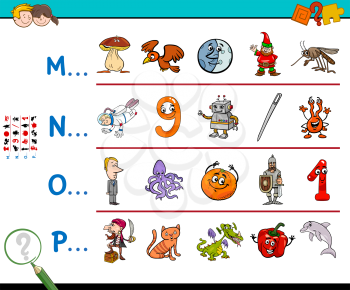 Cartoon Illustration of Finding Pictures Starting with Referred Letter Educational Game for Children
