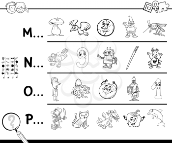 Black and White Cartoon Illustration of Finding Pictures Starting with Referred Letter Educational Game for Children Coloring Book