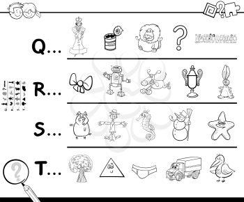 Black and White Cartoon Illustration of Searching Pictures Starting with Referred Letter Educational Game Worksheet for Children Coloring Book