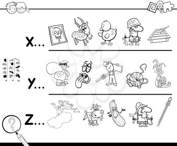 Black and White Cartoon Illustration of Finding Pictures Starting with Referred Letter Educational Activity Game for Children Coloring Book