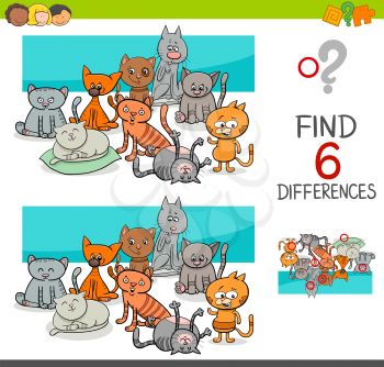 Cartoon Illustration of Spot the Differences Educational Game for Children with Cat Animal Characters Group