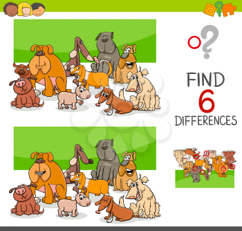 Cartoon Illustration of Spot the Differences Educational Game for Children with Dog Animal Characters Group