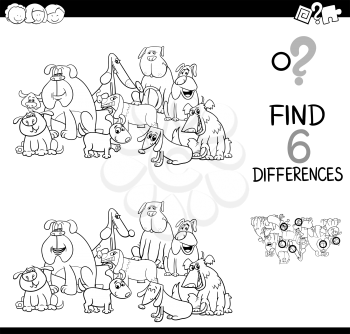 Black and White Cartoon Illustration of Spot the Differences Educational Game for Children with Dog Animal Characters Group Coloring Page