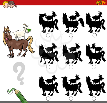 Cartoon Illustration of Finding the Shadow without Differences Educational Activity for Children with Horse and Goat Farm Animal Characters