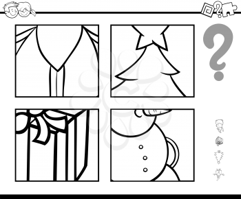 Black and White Cartoon Illustration of Educational Game of Guessing Christmas Themes for Children Coloring Page