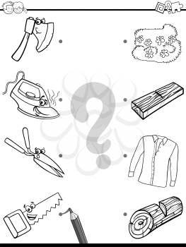 Black and White Cartoon Illustration of Education Pictures Matching Game for Children with Tools and Objects Coloring Book