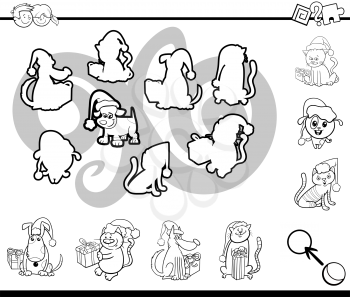 Black and White Cartoon Illustration of Educational Activity for Preschool Children with Funny Animal Characters on Christmas Coloring Page