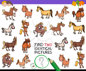 Cartoon Illustration of Finding Two Identical Pictures Educational Activity Game for Children with Horses Farm Animal Characters