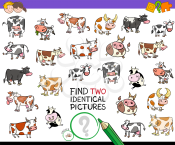 Cartoon Illustration of Finding Two Identical Pictures Educational Activity Game for Children with Cows Farm Animal Characters