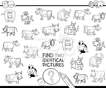 Black and White Cartoon Illustration of Finding Two Identical Pictures Educational Activity Game for Children with Cows Farm Animal Characters Coloring Book