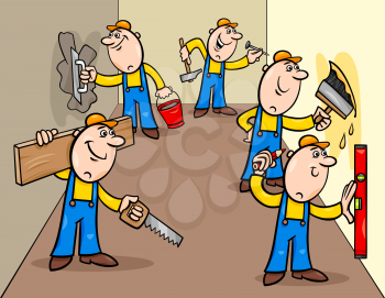 Cartoon Illustration of Funny Manual Workers Characters or Decorators doing Repairs