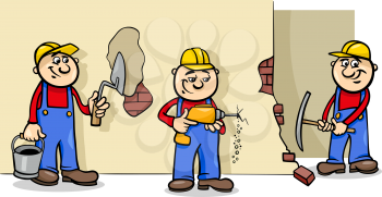 Cartoon Illustration of Manual Workers or Builders Characters at Work