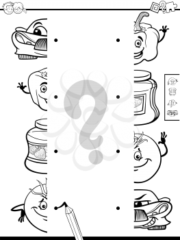Black and White Cartoon Illustration of Educational Game of Matching Halves with Objects Coloring Book