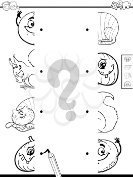 Black and White Cartoon Illustration of Educational Game of Matching Halves with Objects and Animals Coloring Page