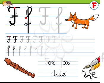 Cartoon Illustration of Writing Skills Practice with Letter F for Preschool and Elementary Age Children