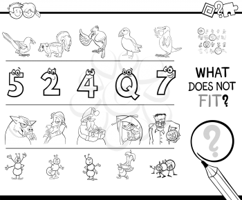 Black and White Cartoon Illustration of Finding Picture that does not Fit in a Row Educational Game Coloring Book