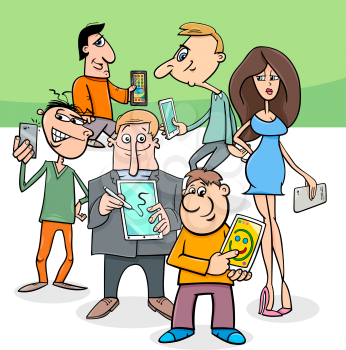 Cartoon Illustration of People Group with Smart Phones and Tablets New Technology Electronic Devices