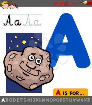 Educational Cartoon Illustration of Letter A from Alphabet with Asteroid Character for Children 