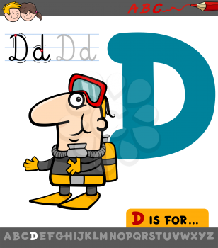 Educational Cartoon Illustration of Letter D from Alphabet with Diver Man Character for Children 