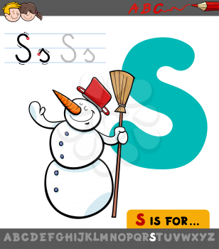 Educational Cartoon Illustration of Letter S from Alphabet with Snowman Character for Children 