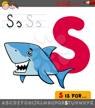 Educational Cartoon Illustration of Letter S from Alphabet with Shark Fish Animal Character for Children 