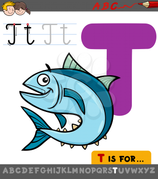 Educational Cartoon Illustration of Letter T from Alphabet with Tuna Fish Animal Character for Children 