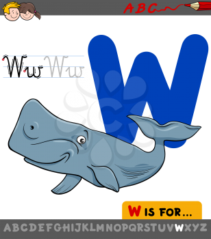 Educational Cartoon Illustration of Letter W from Alphabet with Whale Animal Character for Children 