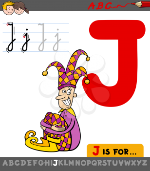 Educational Cartoon Illustration of Letter J from Alphabet with Jester Character for Children 
