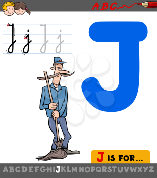 Educational Cartoon Illustration of Letter J from Alphabet with Janitor Character for Children 